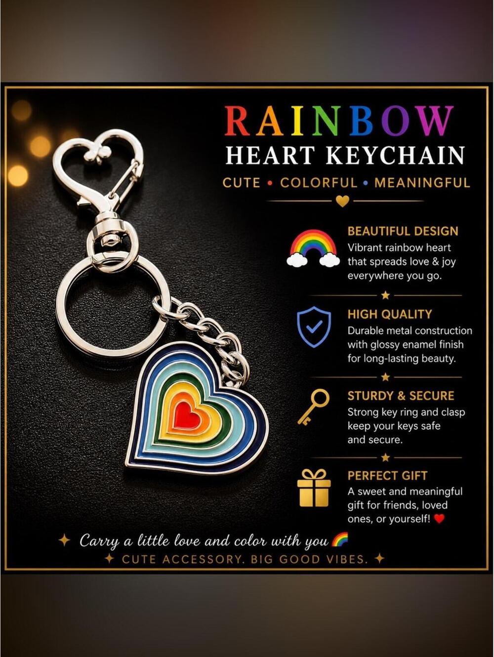 Rainbow Heart Keychain with‎ Durable Metal Construction and V